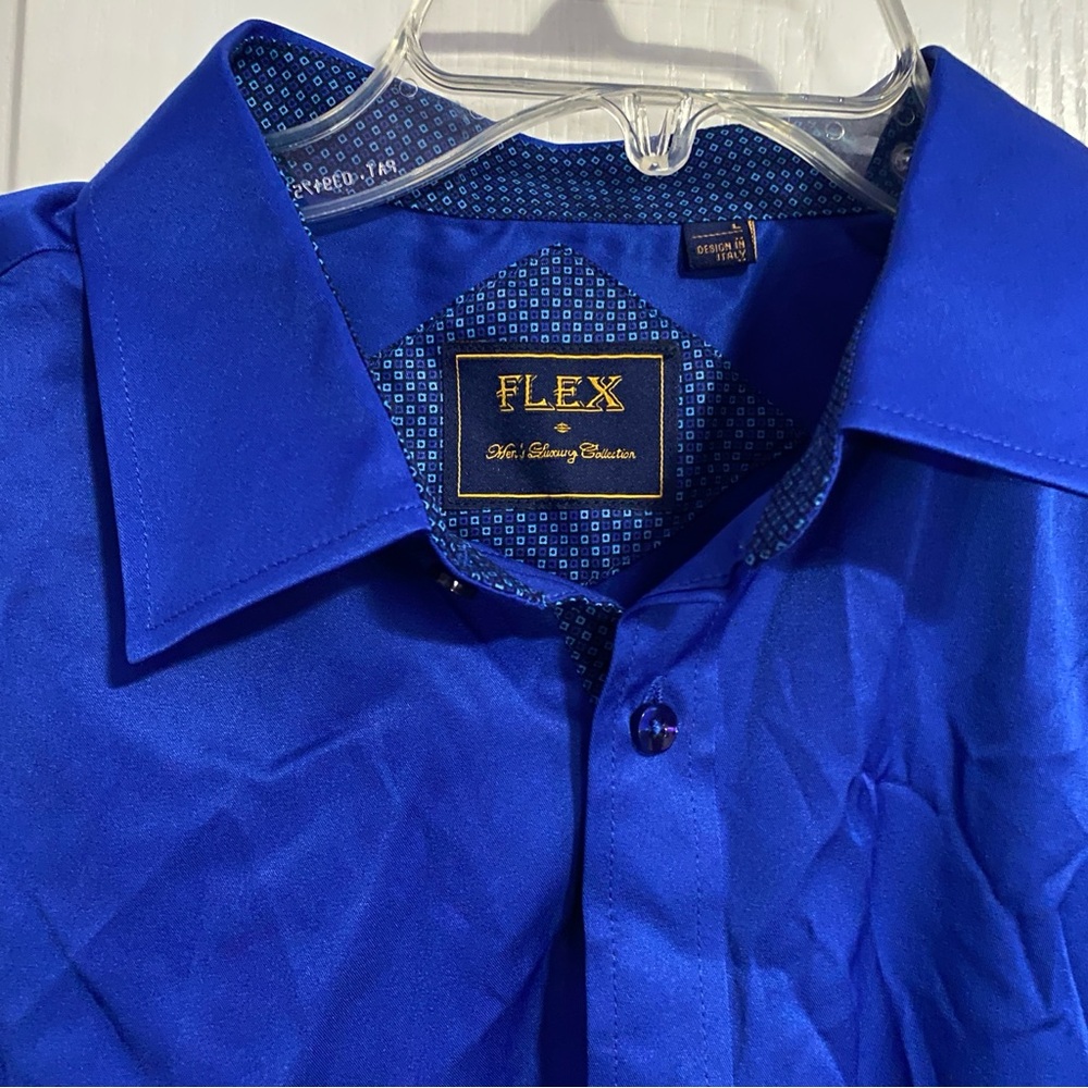 Flex Men's Luxury Collection Button Up Silky  Navy L Blue Shirt Design In Italy